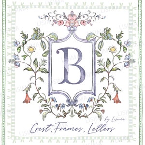 Aquarel crest bruiloft groen, botanisch vintage, Grand millennial delicaat DIY digitaal papier Frames alfabet Clipart, lila