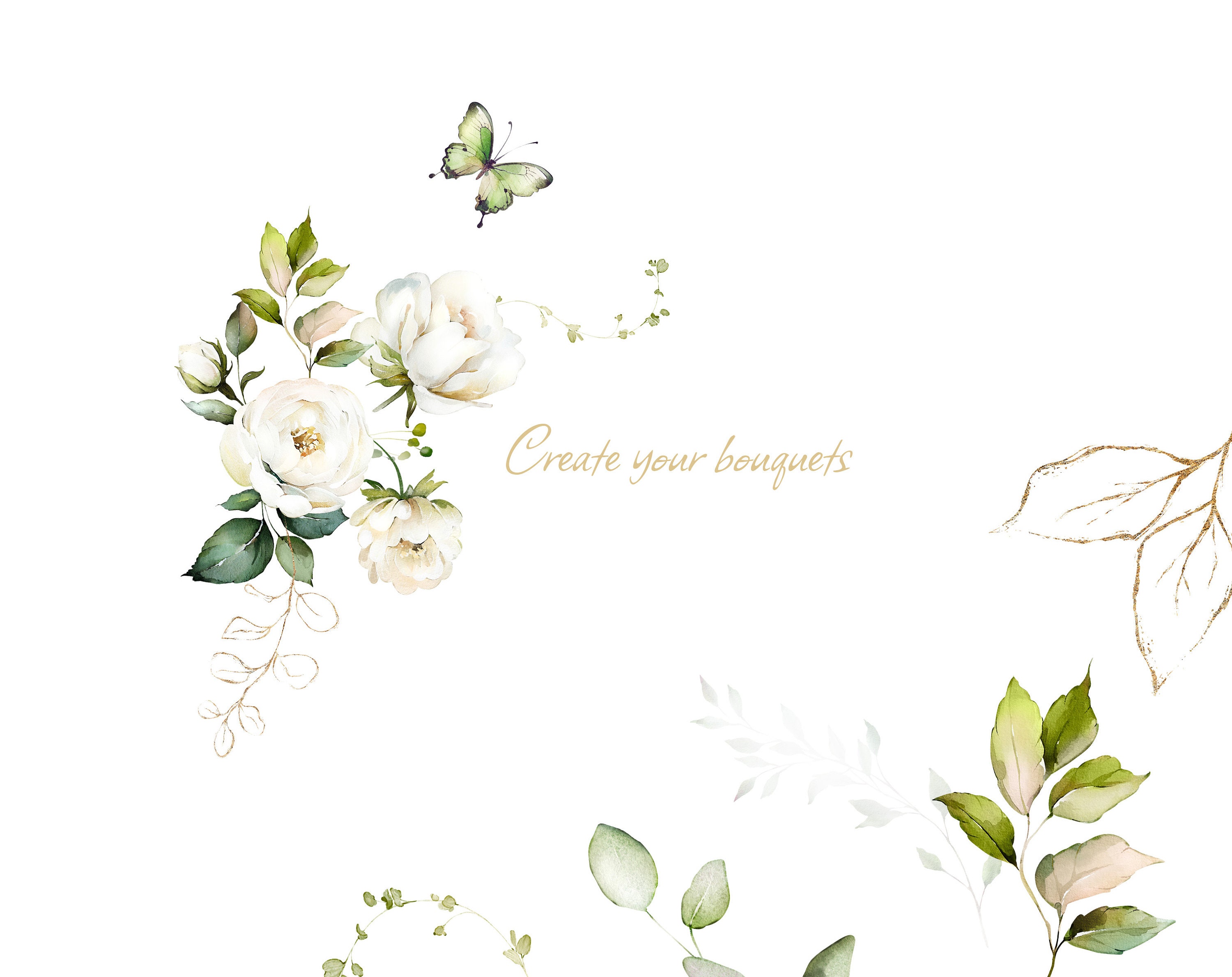Watercolor Flower White Cream Roses Floral Garden Elements PNG Clipart ...