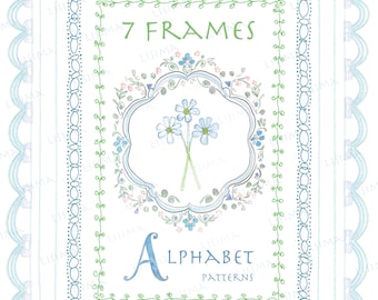 Watercolor botanical crest, wedding blue vintage, Grand millennial delicate Nursery DIY Digital paper, green, Frames alphabet Clipart