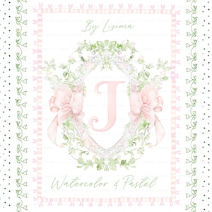 Emblème aquarelle Baby shower mariage petites fleurs roses noeud Grand millénaire délicat bricolage papier numérique cadres alphabet Clipart, chambre de bébé