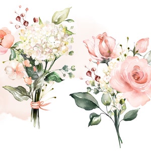 May include: Two watercolor floral bouquets, one with white hydrangeas and pink flowers, the other with pink roses and greenery.
