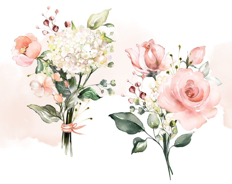 May include: Two watercolor floral bouquets, one with white hydrangeas and pink flowers, the other with pink roses and greenery.