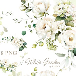 Acquerello fiore bianco crema rose giardino floreale Bouquet PNG Clipart, matrimonio digitale foglie verdi erbe verde