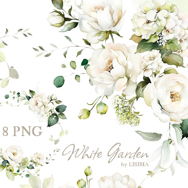 Aquarelle fleur blanc crème roses jardin floral Bouquets PNG Clipart, mariage numérique feuilles vertes herbes verdure