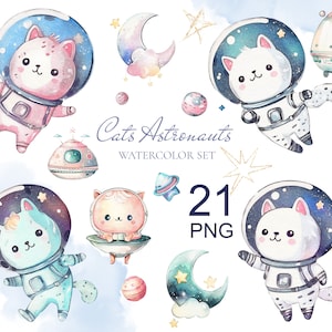 Gato bebé, espacio, astronauta, ovni, estrellas, paquete, conjunto, acuarela PNG, lindo clipart, animal, decoración infantil, dibujos animados de personajes digitales, niño