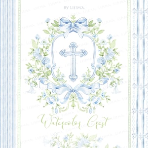Aquarell Taufe Clipart Crest, Kinderzimmer Baby Mädchen grün grün DIY Digital Papier Rahmen Baby Shower Taufe blau rosa