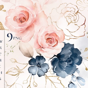 Aquarel bloem Roze rozen bloemen set Boeketten PNG Clipart, bruiloft digitale marineblauwe bladeren gouden kruiden