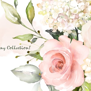 May include: Watercolor painting of a bouquet of pink and white flowers with green leaves. The flowers are arranged in a loose, natural style. The background is a soft pink watercolor wash. The text "Sunny Collection!" is written in green script at the bottom left of the image.