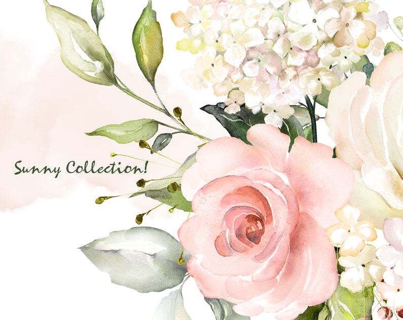 May include: Watercolor painting of a bouquet of pink and white flowers with green leaves. The flowers are arranged in a loose, natural style. The background is a soft pink watercolor wash. The text "Sunny Collection!" is written in green script at the bottom left of the image.
