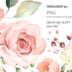 May include: Watercolor painting of a bouquet of pink and peach roses, white flowers, and green leaves. The flowers are arranged in a loose, natural style. The background is white.