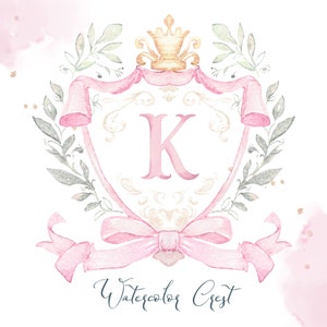 Aquarell Wappen Baby-Dusche Hochzeit Rosa Krone und kleine Blumen Schleife Grand Millennial zarte DIY Digital Papier Rahmen Alphabet Clipart