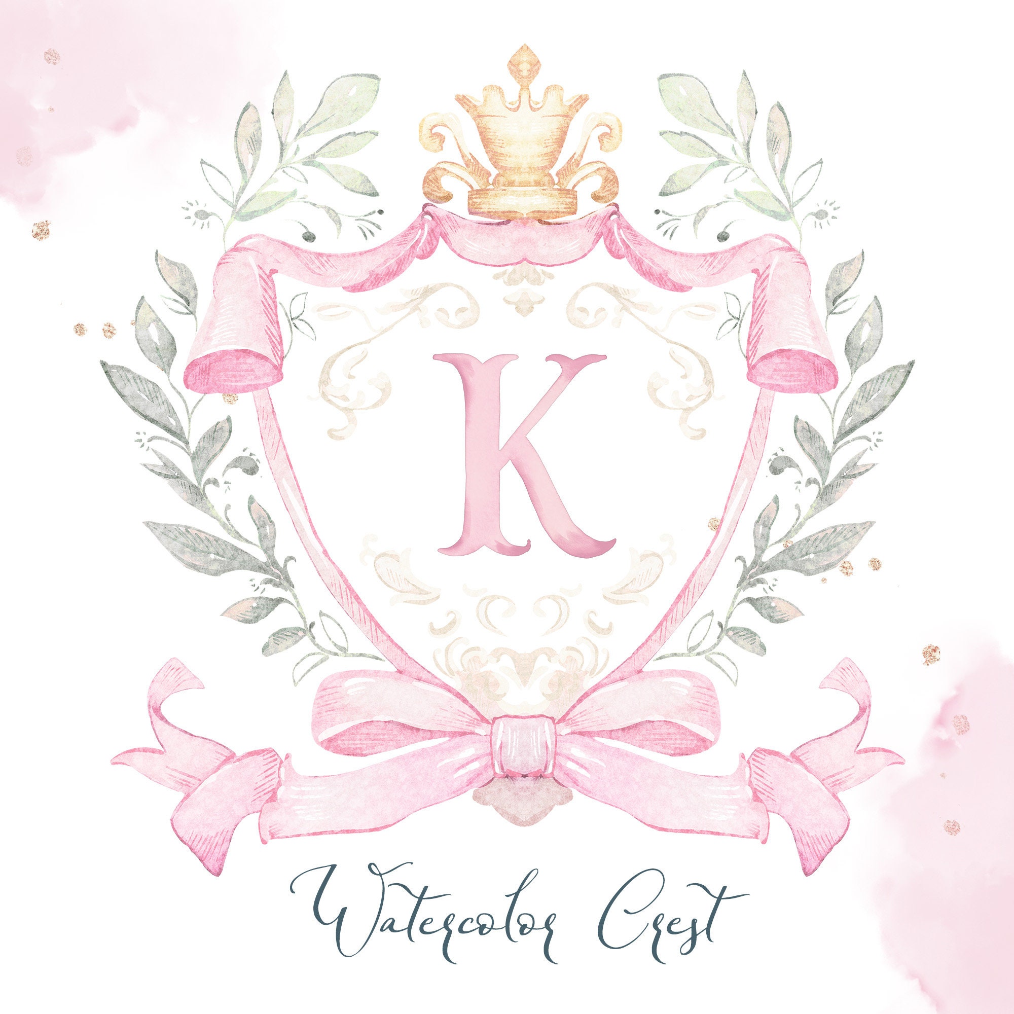 Watercolor crest Baby shower wedding  Pink crown and little flowers bow Grand millennial delicate DIY Digital paper Frames alphabet Clipart