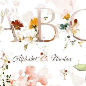 ピンクのバラと野生の花の数字と花束の水彩画の花のアルファベット PNG クリップアート、結婚式のデジタル文字、緑の葉、ハーブ