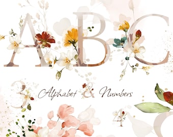 Könnte beinhalten: Aquarell-Blumen-Alphabet und Zahlen-Clipart-Set. Die Buchstaben A, B, C und die Zahlen 3 und 4 sind mit Aquarellblumen in den Farben Rosa, Weiß, Gelb, Rot und Grün verziert. Der Text "Alphabet & Numbers" ist in Kursivschrift geschrieben.