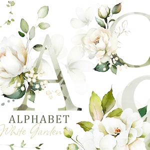 alphabet à base de plantes avec bouquets verts et roses blanches PNG Clipart, mariage lettres numériques feuilles vertes herbes fleurs