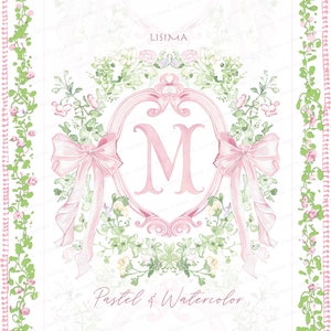 Brasão aquarela Chá de bebê casamento Pequenas flores rosa laço Grande milenar delicado DIY Papel digital Molduras alfabeto Clipart
