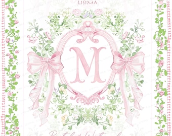 Watercolor crest Baby shower wedding  Pink little flowers bow Grand millennial delicate DIY Digital paper Frames alphabet Clipart