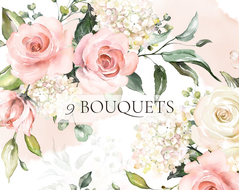 May include: A watercolor illustration of nine bouquets of pink and white flowers. The bouquets feature roses, hydrangeas, and greenery. The text "9 BOUQUETS" is written in the center of the image.