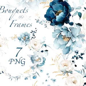 Aquarel bloem blauwe bloemen, rozen, pioenrozen, bloementuin Boeketten PNG Clipart, krans, digitale set, bundel Lisima boho clip art