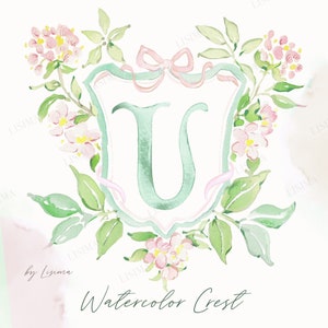 Aquarell Wappen grün und rosa, Millennial zarte DIY Digital Papier Rahmen Alphabet Clipart, Buchstaben, Baby Party, Einladung, Logo