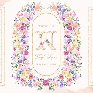 Image clipart mariage BLOOM, cadre, écusson avec roses, fleurs sauvages colorées, printemps élégant