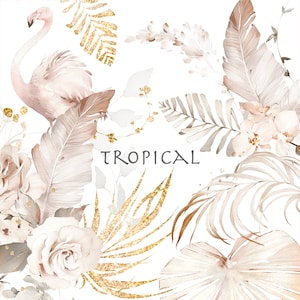 Tropische romige set, aquarel illustraties, flamingo, beige bladeren