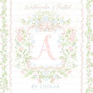 Aquarel kam Babyshower bruiloft roze kleine bloemen strik Grand millennial delicaat DIY digitale papierlijsten alfabet Clipart, kinderkamer