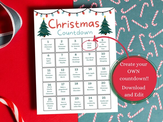 Buy Christmas Countdown Calendar Printable Editable Christmas