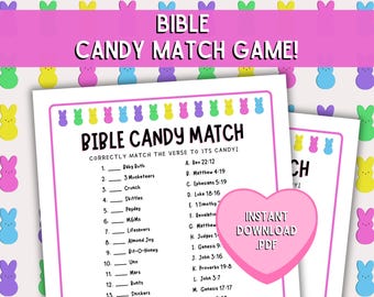 Peut inclure: Un jeu imprimable Bible Candy Match avec un design rose et blanc. Le jeu comprend une liste de bonbons à associer à des versets bibliques. Les mots "Bible Candy Match Game" sont en haut de la page. Un cœur rose avec "Instant Download .PDF" est à droite.