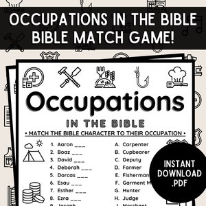Puede incluir: Juego de correspondencia bíblica imprimible en blanco y negro con iconos que representan diferentes ocupaciones. Empareja el personaje bíblico con su ocupación. Los personajes enumerados son Aarón, Booz, David, Débora, Dorcas, Esaú, Ester, Esdras y José. Las ocupaciones enumeradas son Carpintero, Copero, Diputado, Agricultor, Pescador, Fabricante de ropa, Cazador, Juez y Comerciante.