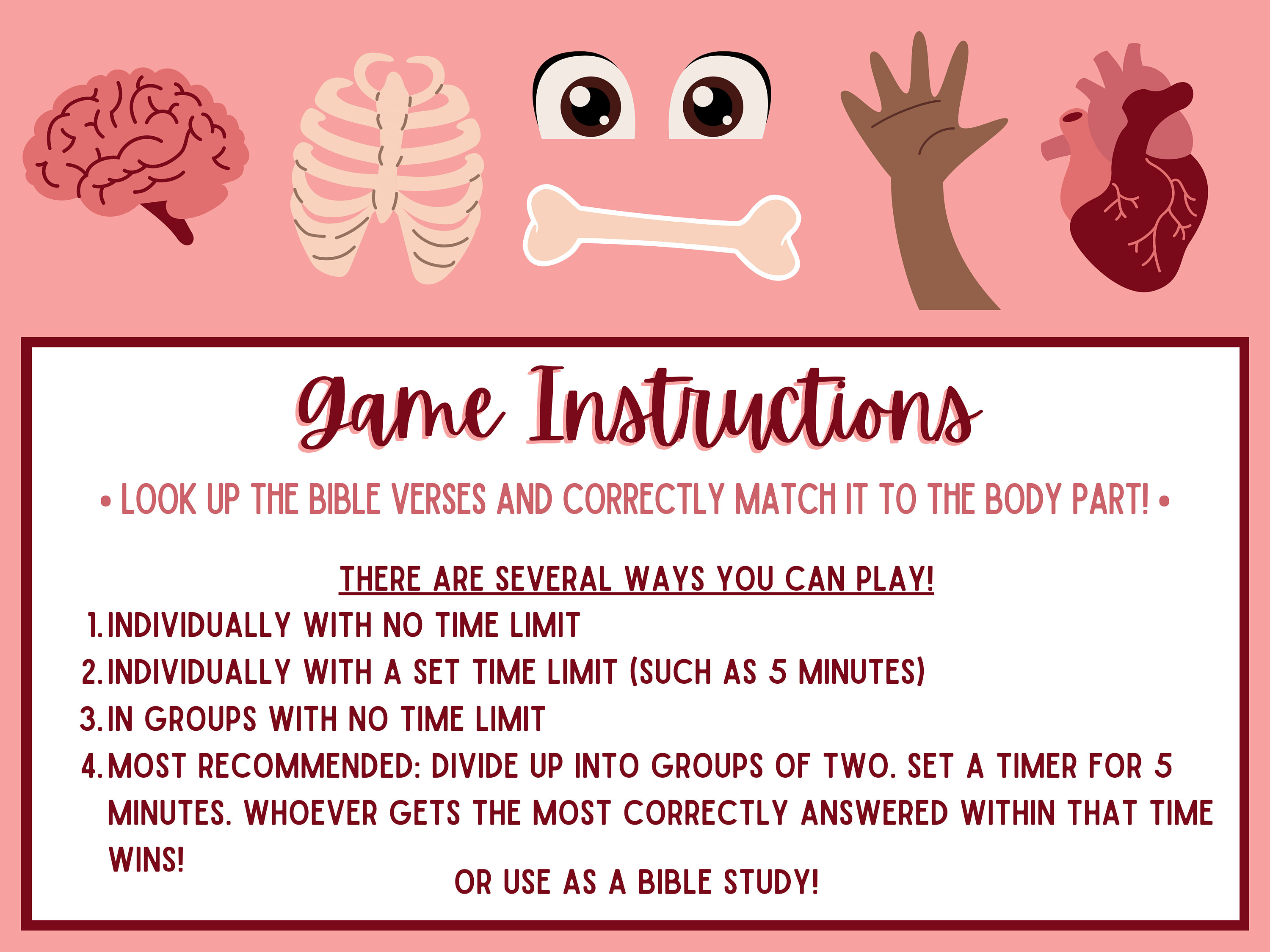 Body Parts Bible Match Game Christian Party Game Christian Games for