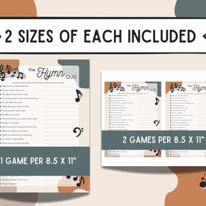 May include: Two printable hymn quiz games in two sizes. The larger size is 8.5 x 11 inches and the smaller size is 8.5 x 11 inches. The games feature a brown, gray, and white color scheme with musical notes.