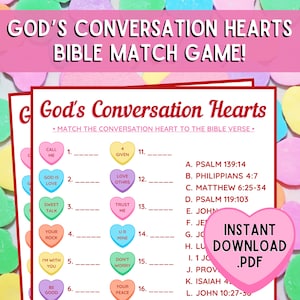 God's Conversation Hearts Bible Match Game | Valentine Bible Match Party Game | Bible Games for Kids & Adults | Fun Church Party Games