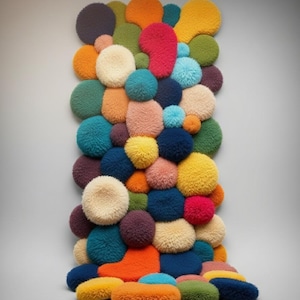 Puede incluir: Una vibrante obra de arte mural abstracta compuesta por varias formas circulares de felpa en un espectro de colores. La disposición incluye tonos de azul, naranja, amarillo, rojo y verde, creando una exhibición texturizada y táctil. La obra de arte está montada sobre un fondo neutro.