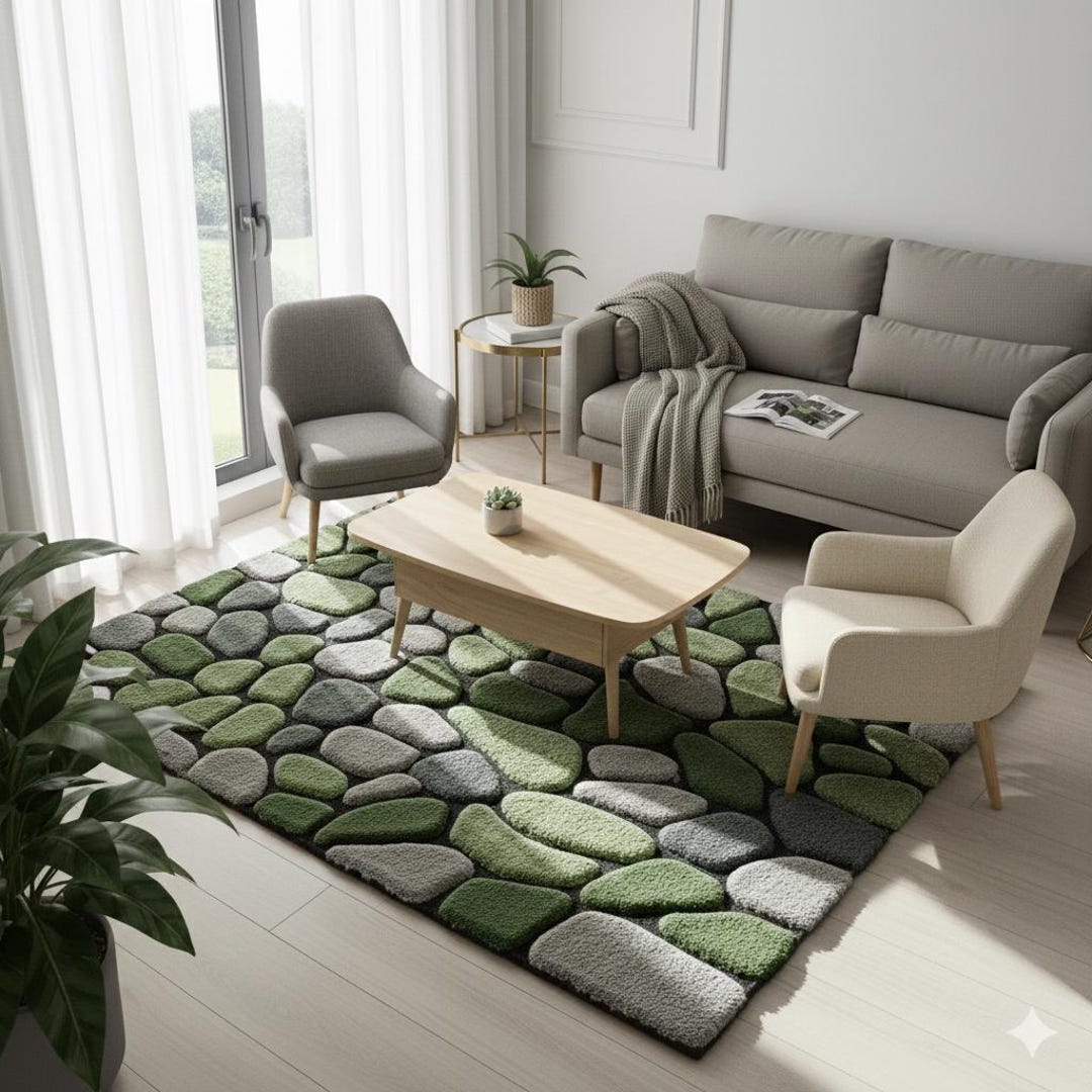 Green & Gray Stone Pattern Rug | Minimalist Living Room Carpet | Soft ...