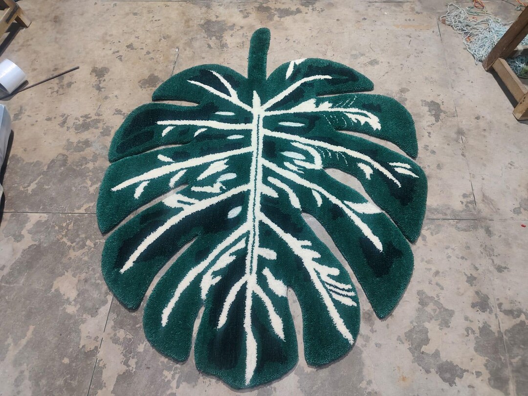 Monstera Leaf Rug | Green Tropical Area Rug | Hand Tufted Wool Rug ...