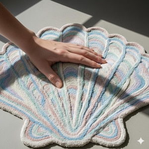 May include: A seashell-shaped bath mat in pastel shades of blue, pink, and cream. The mat features a textured, looped surface and a scalloped edge. A hand rests on the mat, highlighting its soft texture. Designed for bathroom use.