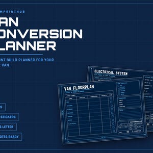 Può includere: Un pianificatore di conversione per furgoni blu scuro con linee a griglia e testo bianchi. Include pagine per planimetrie e sistemi elettrici, 8 pagine, 16 adesivi per furgoni, formati A4 e US letter, ed è pronto per l'uso con Goodnotes.