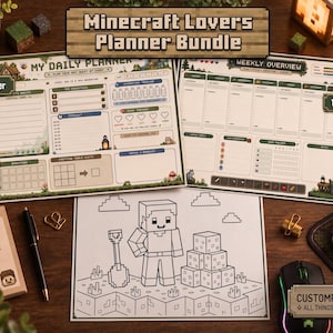 Könnte beinhalten: Ein Minecraft-Planer-Bundle mit einem Tagesplaner, einer Wochenübersicht und einer Malvorlage. Der Tagesplaner enthält Abschnitte für Aufgaben und Notizen. Die Wochenübersicht hat ein Zeitplan-Layout. Die Malvorlage zeigt einen Minecraft-Charakter.