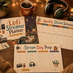 Könnte beinhalten: Ein Lofi Streamer Planer-Set bestehend aus einem Deckblatt mit Katze, Kopfhörern und Tasse, einem wöchentlichen Stream-Zeitplan und einer Checkliste zur Stream-Vorbereitung. Das Set enthält Illustrationen von Pflanzen, Kassetten und Schreibtischutensilien in warmen Farbtönen.