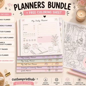 May include: A planner bundle with various pastel-colored planners, including a daily, weekly, study, self-care, drawing, habit tracker, and goals planner. The bundle includes a free coloring sheet. The text on the image says "Planners Bundle".