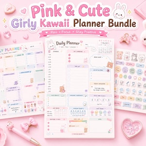 May include: A Pink & Cute Girly Kawaii Planner Bundle featuring a weekly planner sheet, a daily planner sheet, and a sticker sheet. The stationery set includes pastel-coloured designs with small animal illustrations, text, and various organisational sections.
