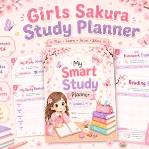 May include: A Girls Sakura Study Planner set featuring a pastel pink theme with cherry blossom illustrations. The planner includes pages for study goals, timetables, homework tracking, and reading logs, with text reading My Smart Study Planner.