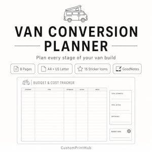 May include: A digital Van Conversion Planner featuring a Budget & Cost Tracker template. The document includes sections for category, item, estimated and actual costs, notes, total estimated, total actual, difference, and budget goal. Includes 8 pages, A4 and US Letter sizes, 16 sticker icons, and GoodNotes compatibility.
