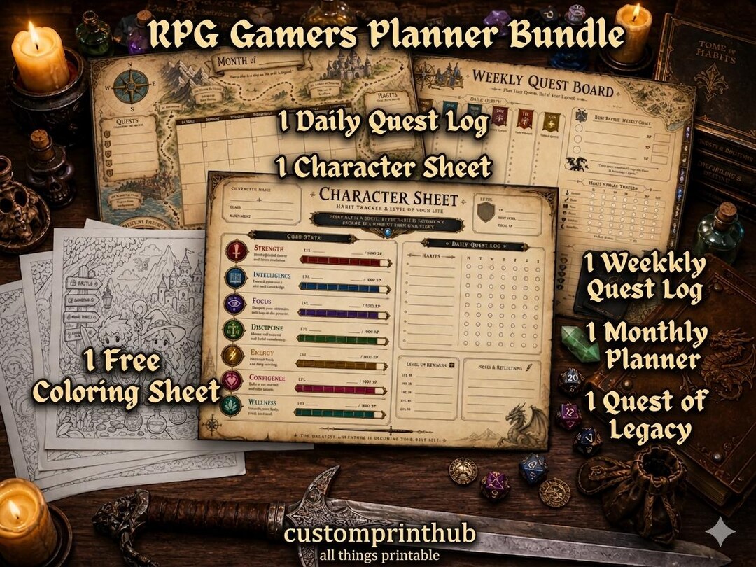 Fantasy RPG Planner Bundle, Gamified Quest Log, Character Sheet, Habit ...