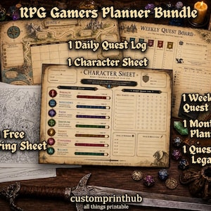 Peut inclure: Pack de planification pour joueurs de RPG avec une fiche de personnage, des journaux de quête quotidiens et hebdomadaires, un planificateur mensuel et une quête d'héritage. Comprend une feuille de coloriage gratuite. Esthétique vintage.