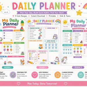 May include: A colorful daily planner with three cute designs, featuring a sun, rainbow, and stars. The planner includes sections for daily tasks, mood check-ins, and gratitude, with the text "Plan Your Day. Build Good Habits. Feel Your Best!"