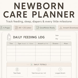 Puede incluir: Una plantilla digital de planificador de cuidados para recién nacidos con el texto NEWBORN CARE PLANNER y Track feeding, sleep, diapers & every little milestone. El diseño incluye un registro diario de alimentación con columnas para tiempo y cantidad.