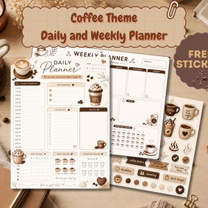 May include: A coffee-themed daily and weekly planner set with stickers. The planner has a cream and brown colour scheme with coffee cup illustrations. The weekly planner has sections for daily planning, and the stickers include coffee-related designs.