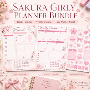 Peut inclure: Un ensemble de planificateurs Sakura Girly roses avec un planificateur quotidien, un planificateur hebdomadaire et une feuille d'autocollants gratuite. L'image comprend un ensemble de productivité Kawaii, un carnet et un stylo.